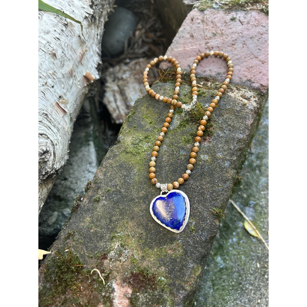 Lapis Lazuli Heart Pendant Necklace | Sterling Silver, Jasper Beads